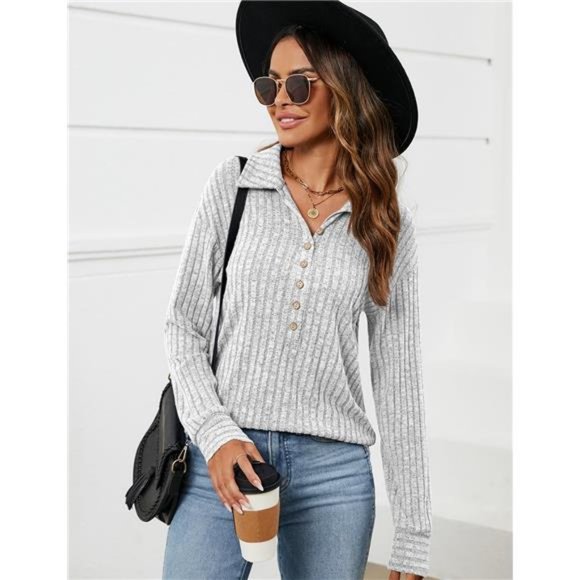 Casual Long Sleeve Button Blouses Ribbed Knit Collared Oversized Loose Fit Tops - Picture 3 of 7